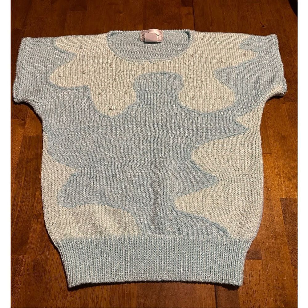 Vintage Christine Womens Embellished Pearls Teal Short Sleeve Sweater Size Small